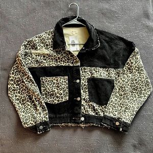 POL cheetah distressed denim jacket